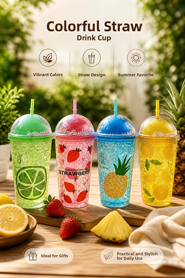 Colorful Glass with Straw and Lid, Cold Drink Cup, Summer Gift Option