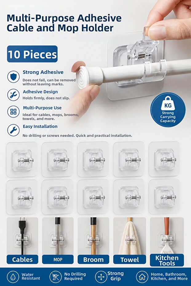 10 Pieces Multi-Purpose Adhesive Mop and Cable Holder with Clamps Strong Adhesive Wall Organizer No Drilling Required