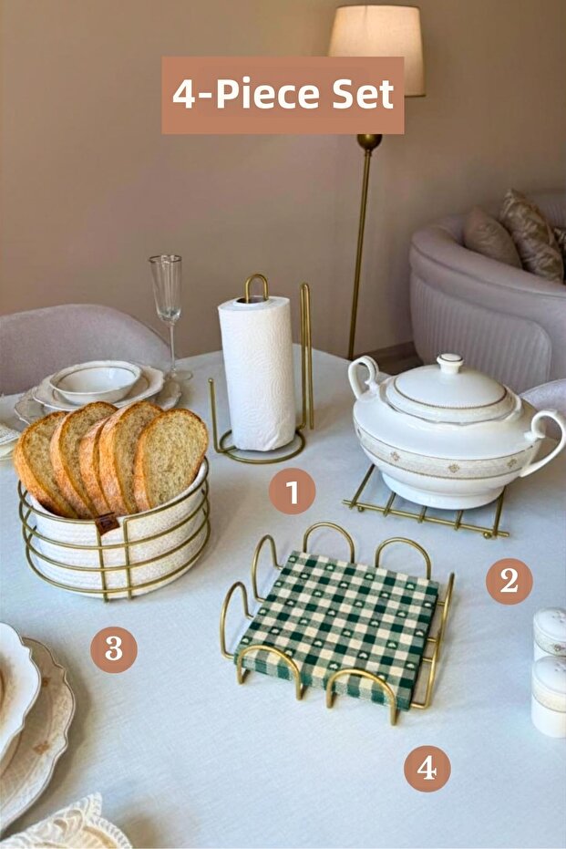 Set of 4 Matte Gold Square Napkin Holder, Vertical Paper Towel Holder, Round Bread Basket with Divider, Kitchen Set