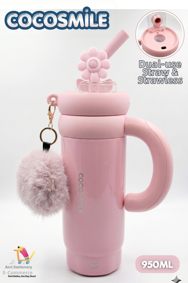 Cocosmile 950ml Double Drink Stainless Steel Thermos with Strap Ornament and Gift, with or Without a Straw