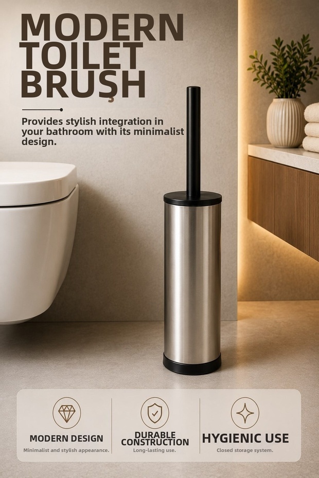 Metal Toilet Brush - Modern Bathroom Toilet Bowl Brush Set - Covered Design Titan Chrome 7000