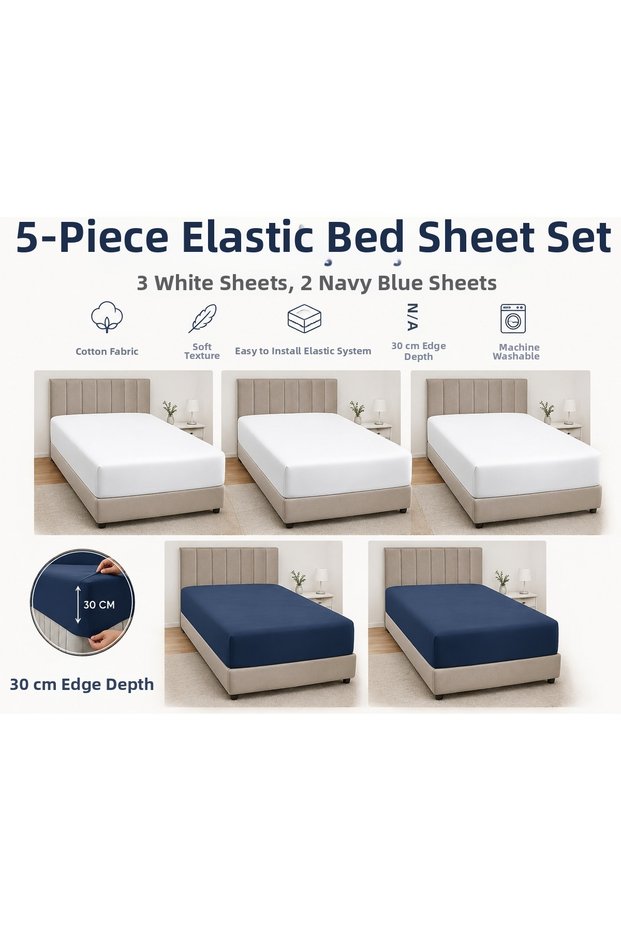 Elastic Combed Cotton Bed Sheet Double Size 160X200 Advantage Package 5-Piece White Navy Blue Bed Sheet