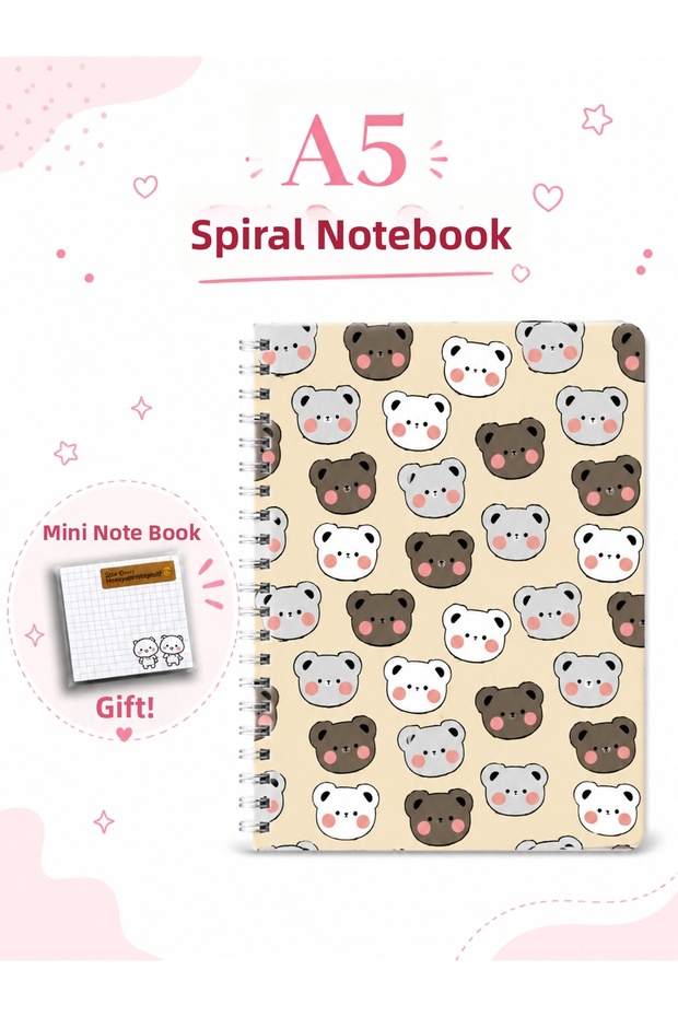 A5 Spiral-Bound Flat School Notebook Set - Bear Patterned 60 Sheets Cardboard Cover