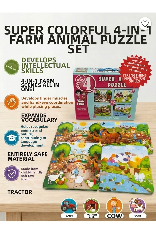 Super Colorful 4-Piece Farm Animals Educational Eva Puzzle Set - Children's Developmental Puzzle