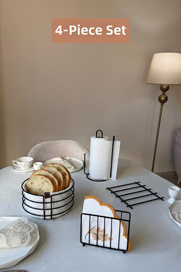 Set of 4 Black Cage Napkin Holder, Upright Paper Towel Holder, Round Bread Basket with Divider, Kitchen Set