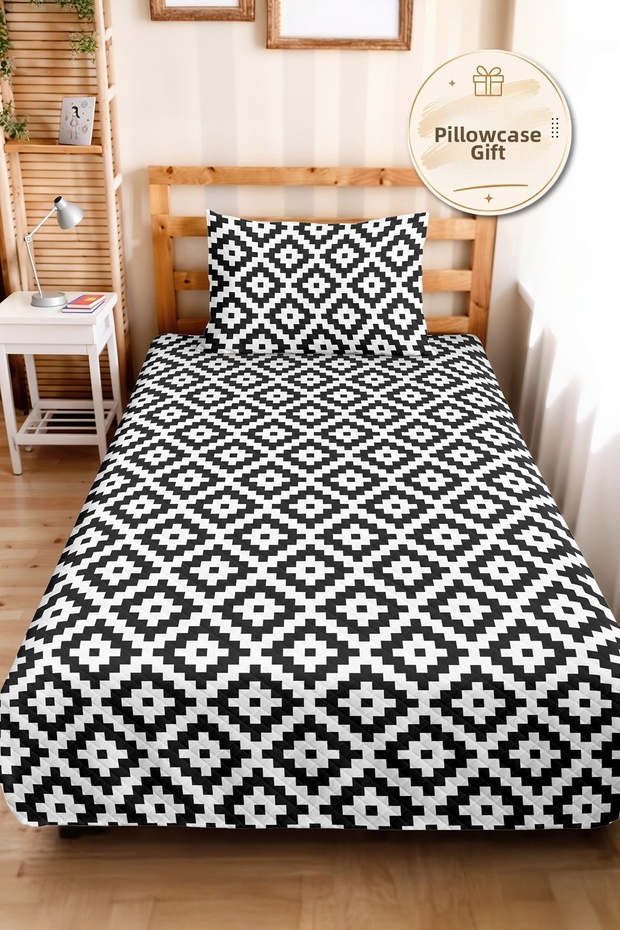 Black Geometric Youth Room Single Pique Set - Modern Minimal 160X220 cm Quilted Bedspread