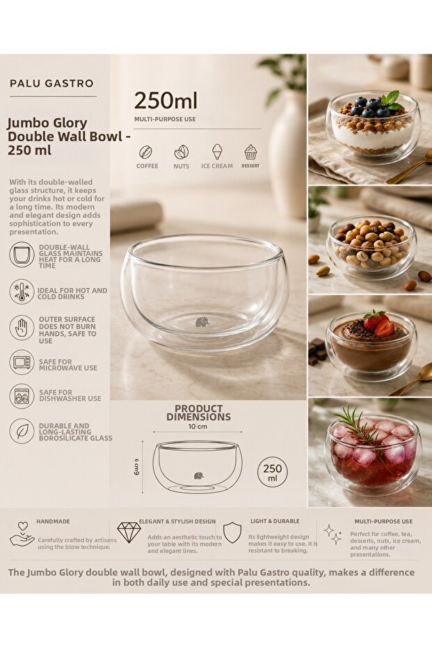 Double Wall Glass Bowl 250 ml Heat Resistant Double Wall Cup