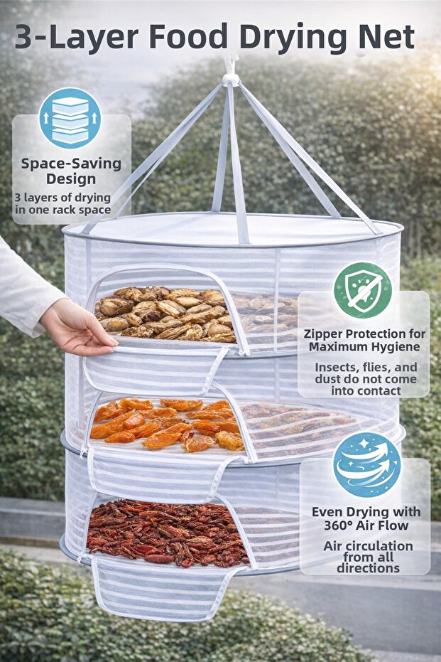 Foldable 3-Tier Drying Net, Ideal for Drying Food and Laundry