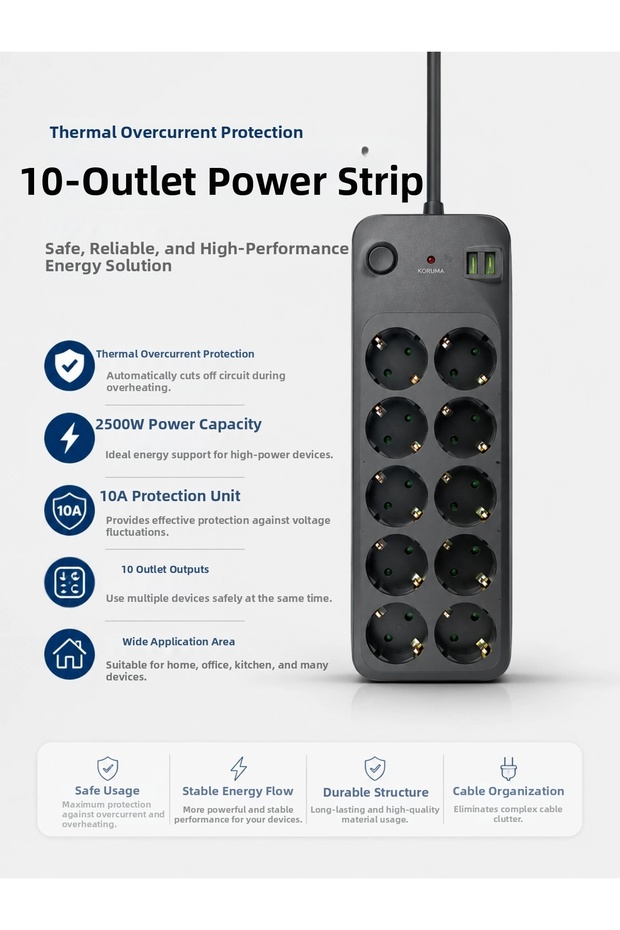 10-Outlet Group Socket with Thermal Current Protection USB Type-C Input 2500W Power Capacity (Copy)