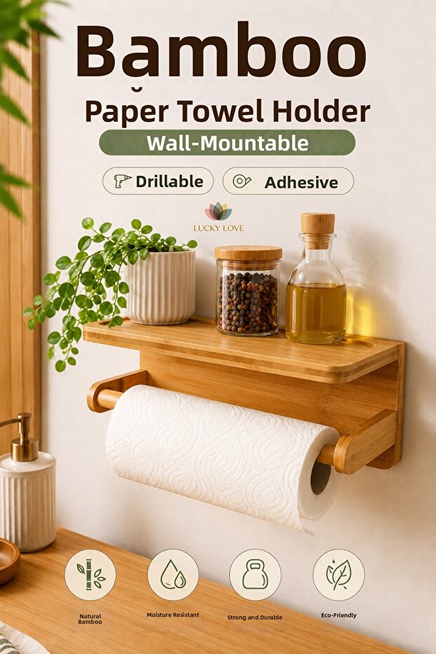 Bamboo Paper Towel Holder with Shelf Wall Mounted Adhesive Screw-On Kitchen Bathroom Organizer Demountable