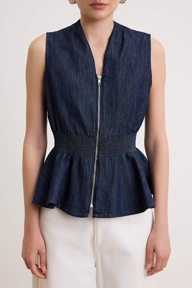 Koyu Mavi DÖKÜMLÜ Peplum Volanlı Denim Bluz TWOSS26BZ00197 - 3