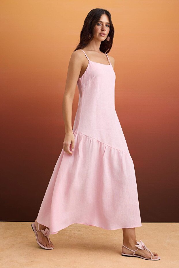 Pembe %100 Keten Askılı Maxi Dokuma Elbise TWOSS26EL00588 - 2