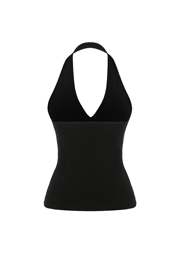 Siyah Fitted/Vücuda Oturan Boyundan Bağlamalı Kolsuz Fitilli Esnek Örme Bluz TWOSS26BZ00763 - 6