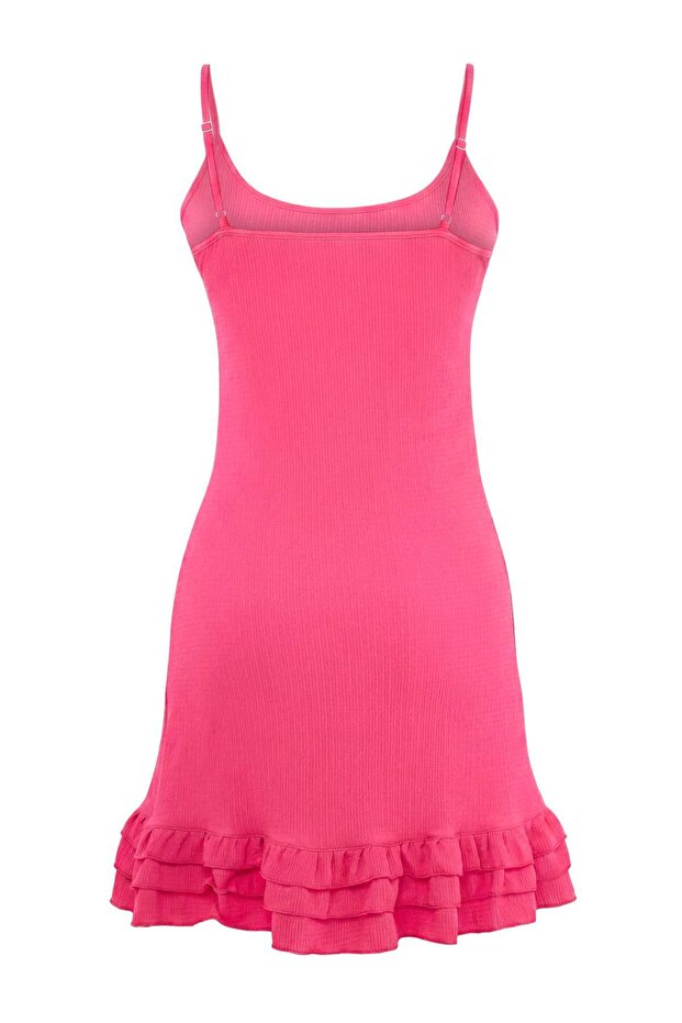 Fuşya Örme Süper Mini Fırfır Detaylı Plaj Elbise TBESS26EL00054 - 7