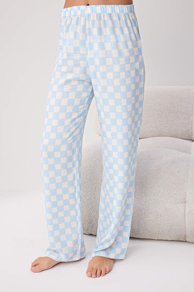 Ekru-Mavi %100 Pamuklu Baskılı ve Ekoseli Örme Pijama Takımı THMSS26PT00097 - 3