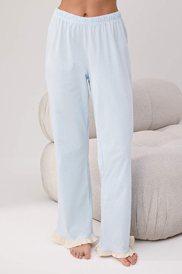 Ekru-Mavi %100 Pamuklu Fırfır Detaylı Örme Pijama Takımı THMSS24PT00223 - 3