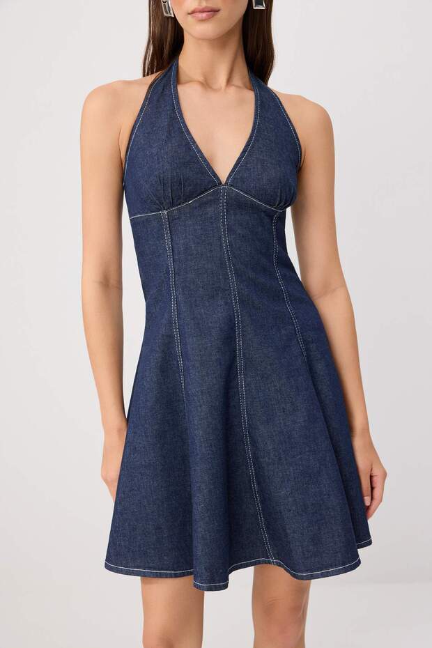 Teen Koyu Mavi Boyundan Bağlamalı Orta Esnek Mini Denim Elbise TWOSS26EL00354 - 3