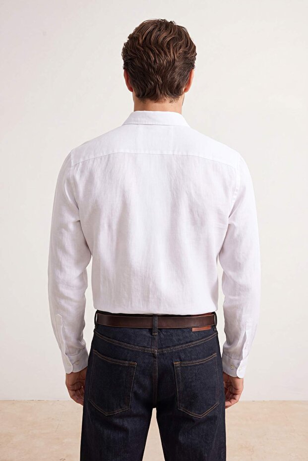 Beyaz Yarı Oversize İnce %100 Pamuk Erkek Plaj Gömlek TMNSS26GO00047 - 3