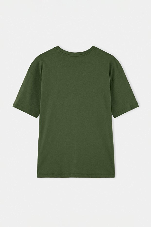 Haki Oversize/Geniş Kesim Nakışlı %100 Pamuk T-Shirt TMNSS26TS00051 - 6
