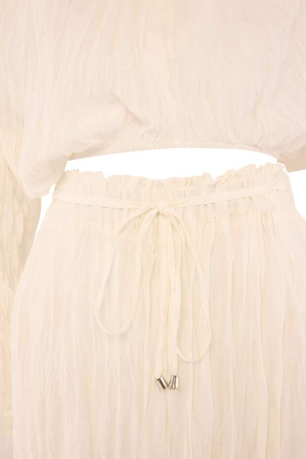 Beyaz Dokuma Maxi 100% Pamuk Plaj Bluz Pantolon Takım TBESS26AU00101 - 2