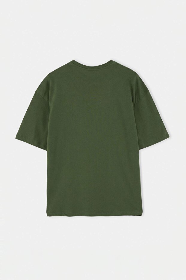 Haki Oversize/Geniş Kesim Slogan Nakışlı %100 Pamuk T-Shirt TMNSS26TS00055 - 6