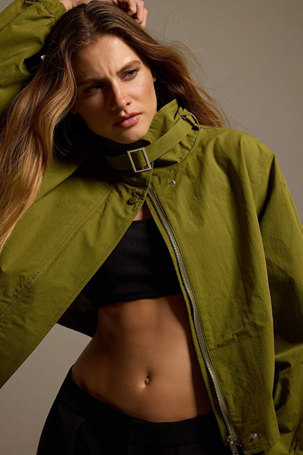 Green Oversize Fit Stand Collar Jacket Coat Twoaw27Mo00091