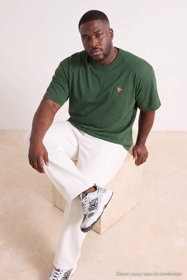 Large Size Khaki Oversize Fox Embroidered 100% Cotton T-Shirt Tmnss26Bf00012