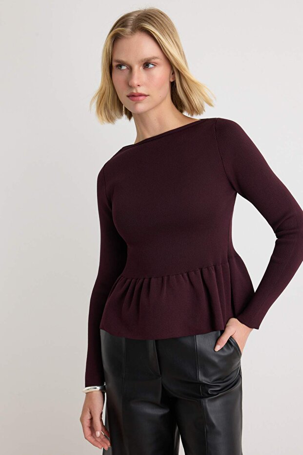 Mürdüm Kayık Yaka Belden Oturmalı Peplum Triko Kazak TWOAW27KZ00133