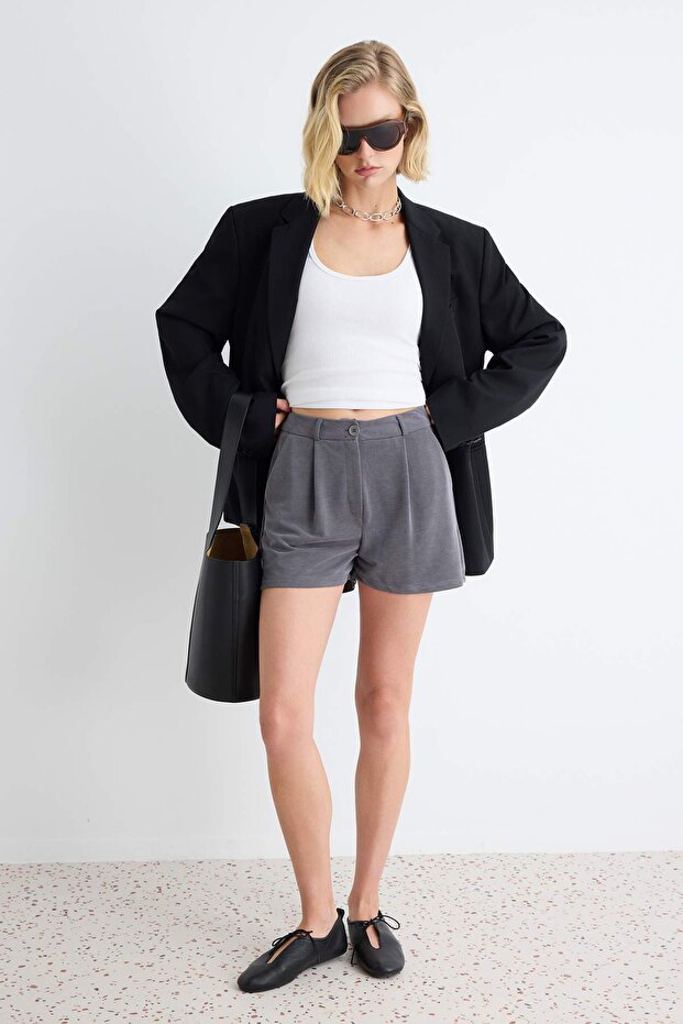 Anthracite Pleated Wide Leg Pique Fabric Knitted Shorts & Bermuda Twoaw27Sr00018