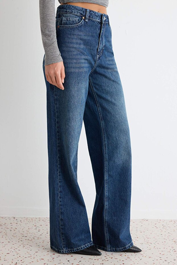 Lacivert Yüksek Bel Wide Leg Geniş Paça %100 Pamuk Non-Stretch Jeans TWOSS22JE0242 - 3