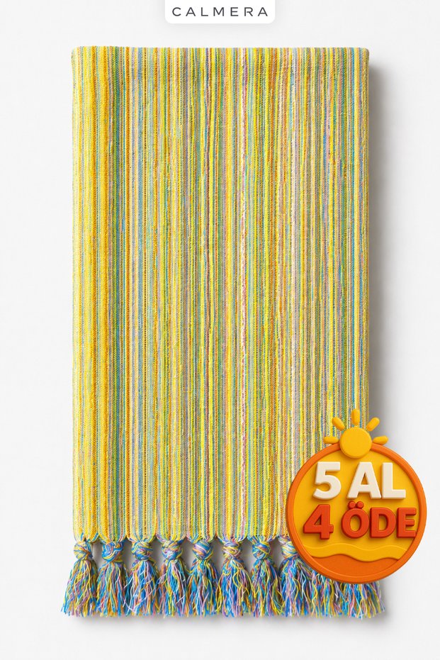 Ethnic Peshtemal | Thin - Colored Fringe | Beach Pareo, Sea, Pool, Yoga, Pilates Towel - Yellow