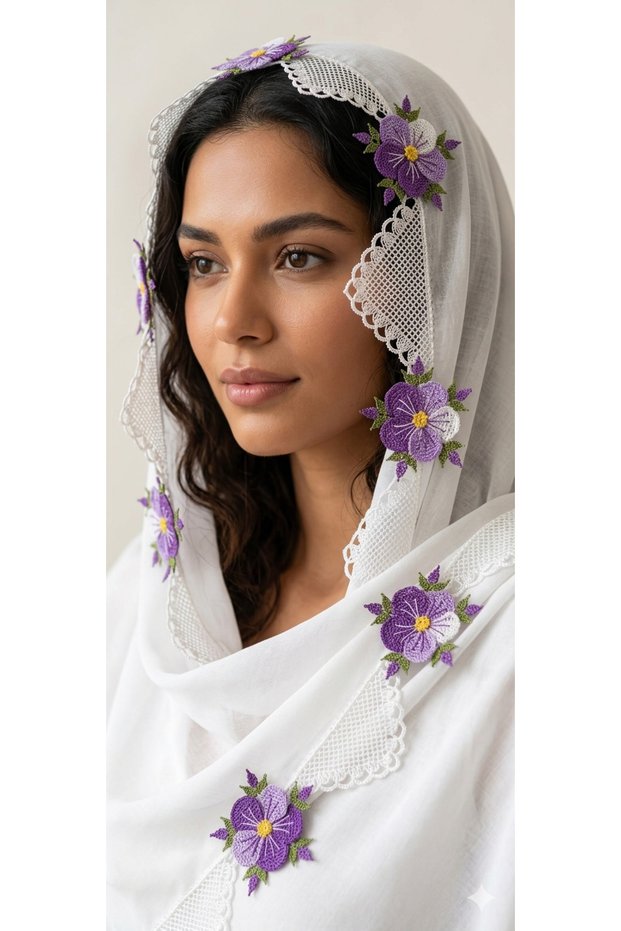Needle-Embroidered White Color Prayer Mat with Prayer Beads