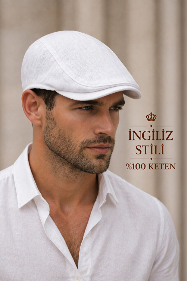 White Men's Cap Hat – 100% Linen Summer Wear | British Style (Peaky Blinders) | Flat Cap M-L
