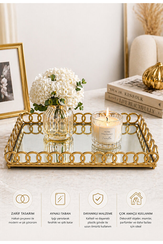 Gold Decorative Tray with Mirrored Ring Detail Large (27X40)