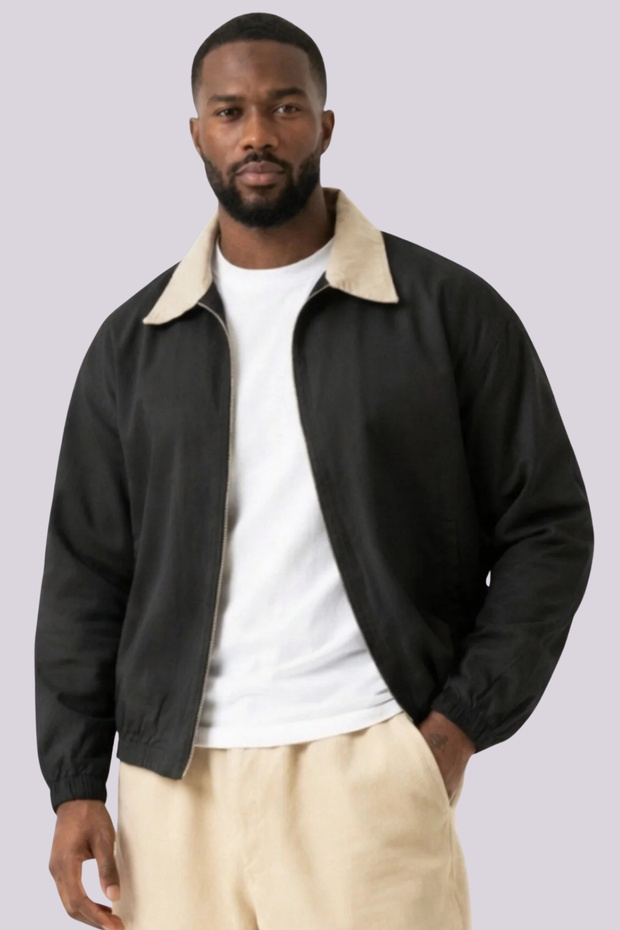 Men's Brown Gabardine Jacket Oversized Beige Collar Detailed Comfortable Fit Elastic Waist