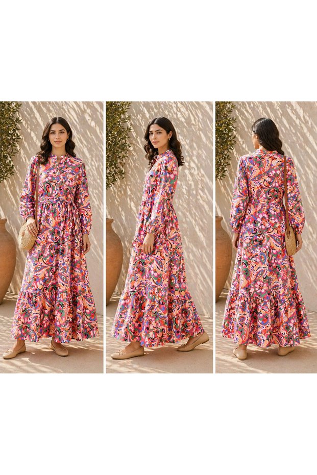 Pink Paisley Swirl Print Tiered Casual Dress