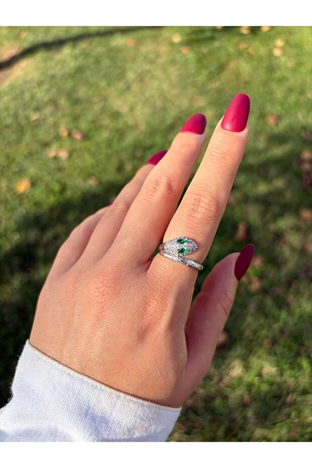 Women's Silver Color Green Stone Snake Ring