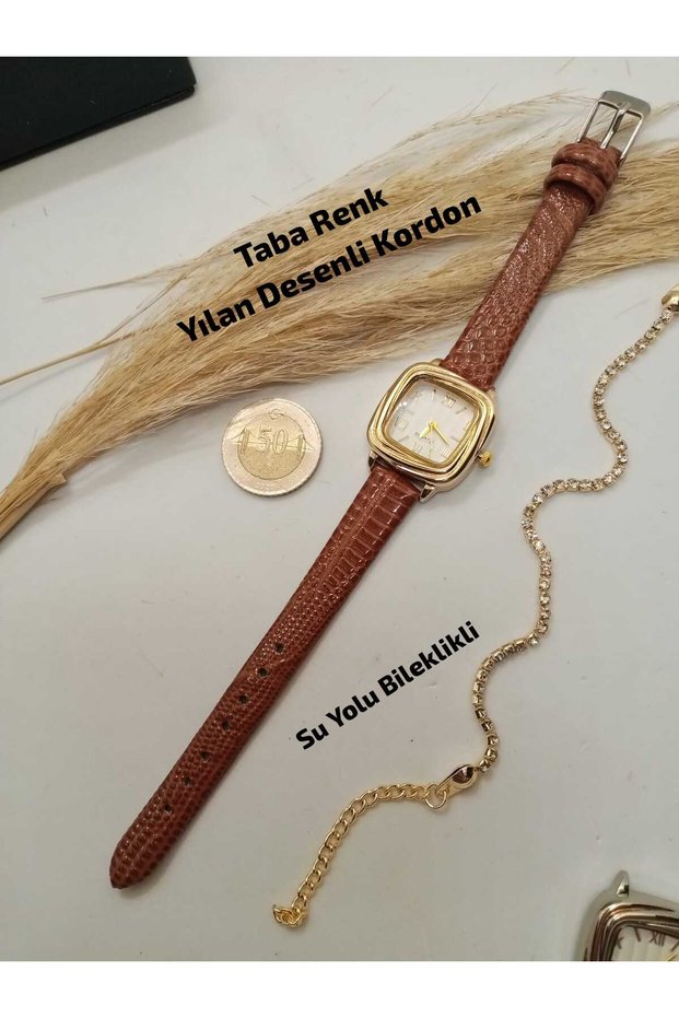 Vintage Model Women's Wristwatch, Taba Color Snake Pattern Strap - Gold Color Case - with Waterway Bracelet