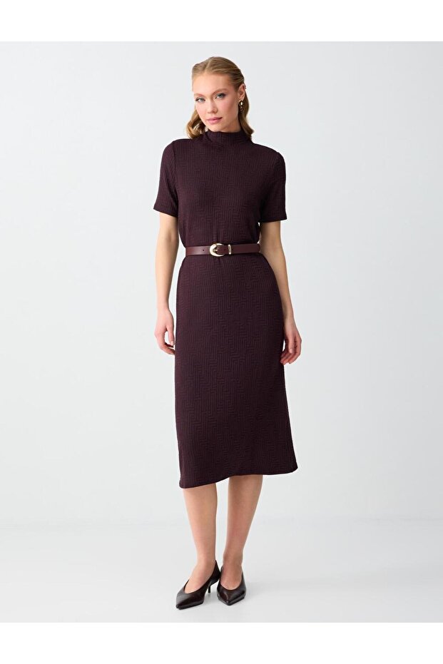 Brown Mock Neck Short Sleeve Midi Knitted Dress