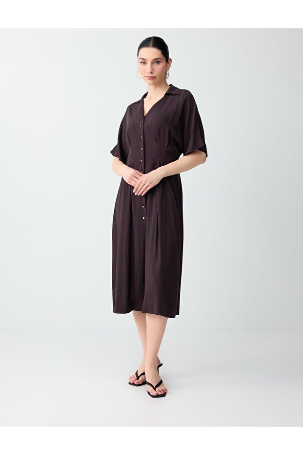 Bitter Brown Slim Fit Button Detailed Shirt Collar Midi Dress