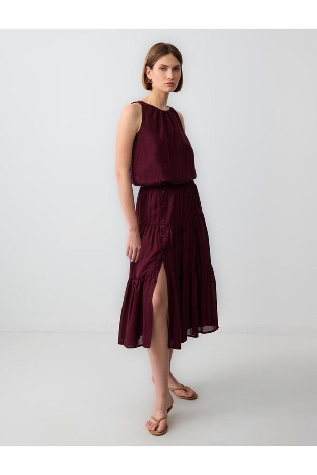 Burgundy Relaxed Fit Regular Waist Button Detail Long Woven Skirt