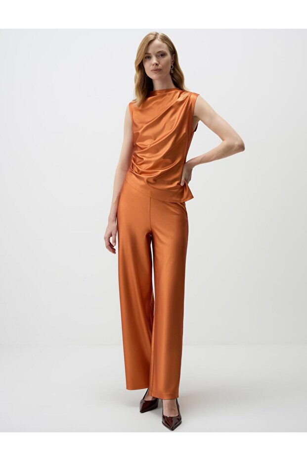 Burnt Orange Regular Waist Knitted Trousers with Elastic Waist and a Shiny Look