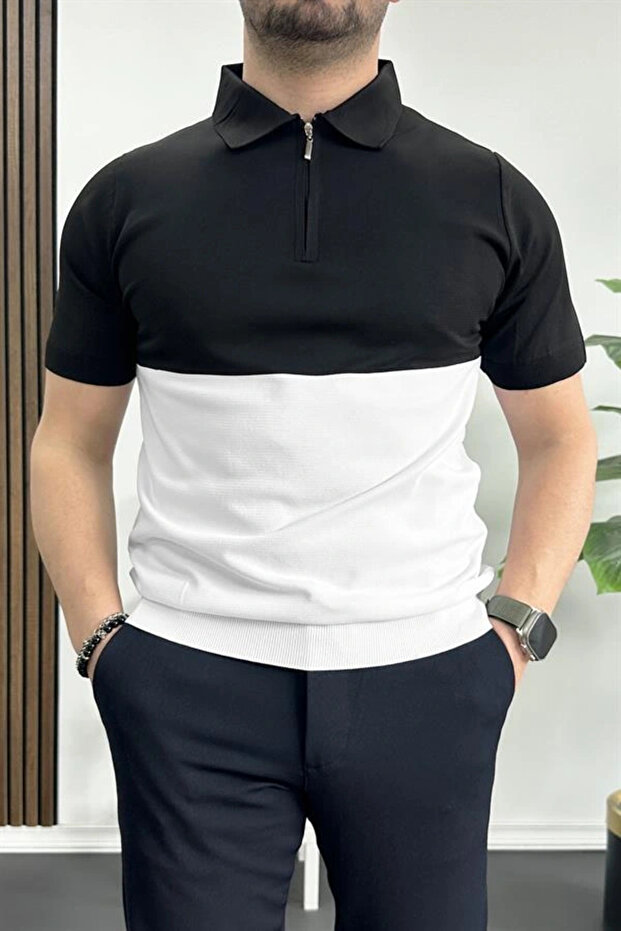 Men's Color Block Polo Neck Half Zip T-Shirt White Edw234