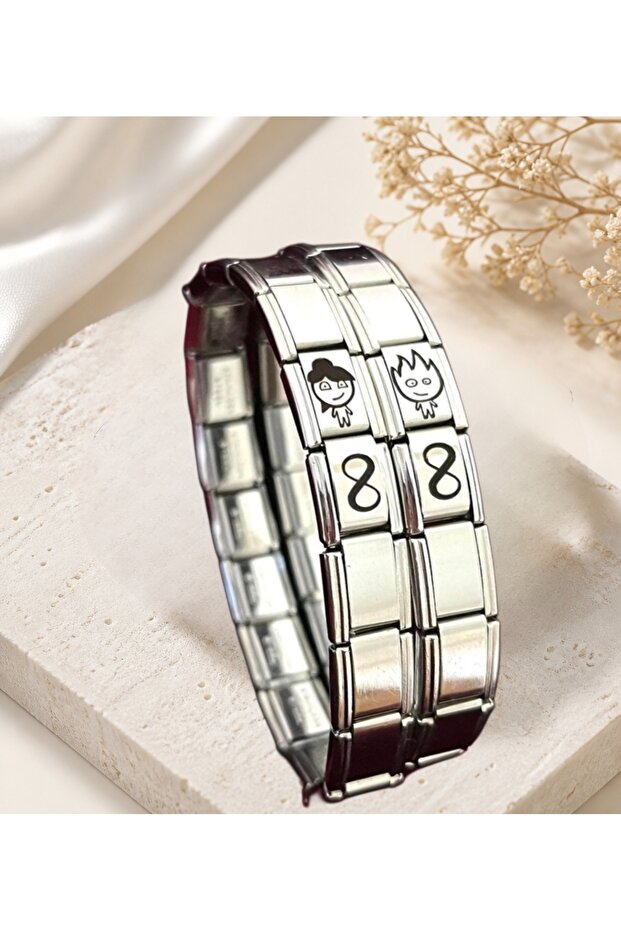 Fire and Water Italian Charm Steel Couple Bracelet with Infinity Figure