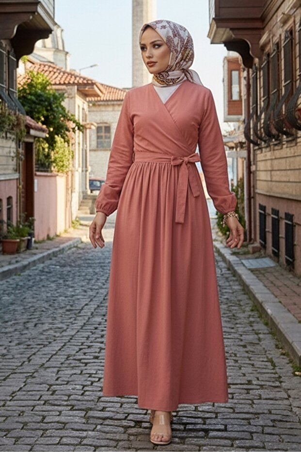 Tie-Up Blouse Skirt Double Set 1465 - Salmon