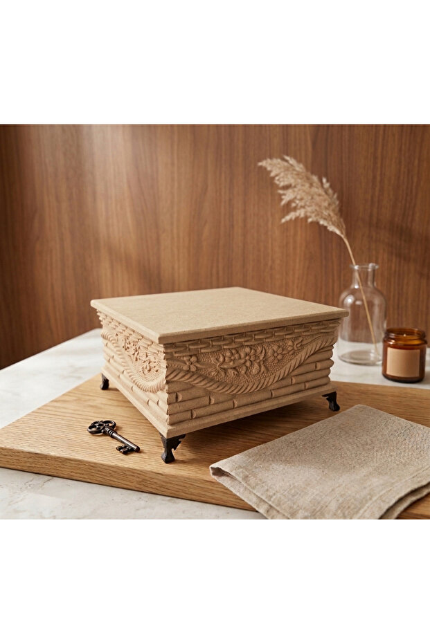 خشب - خام MDF - مجوهرات منقوشة - مكياج - إكسسوارات - متعددة الأغراض - صندوق ديكور مربع بأرجل