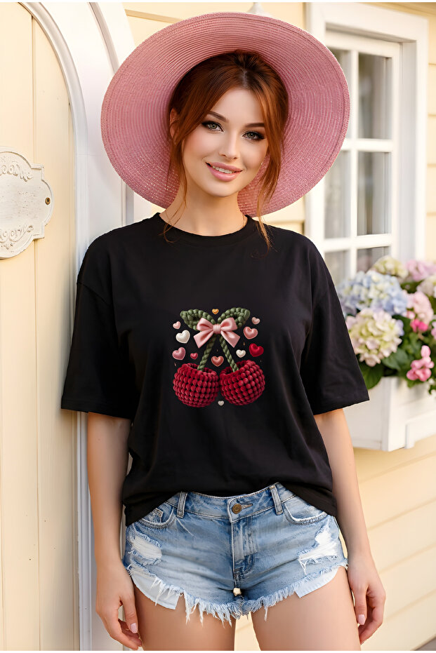 Unisex Short Sleeve Round Neck 2Cherries Love Printed Solid Color Tshirt