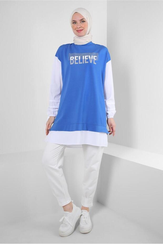 Text Printed Garnished Sweatshirt Tunic 43664