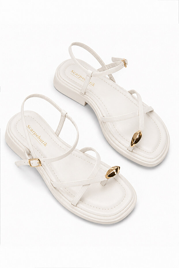 Women's White Gold Ring Detailed Ankle Strap Flip-Flop Sandals