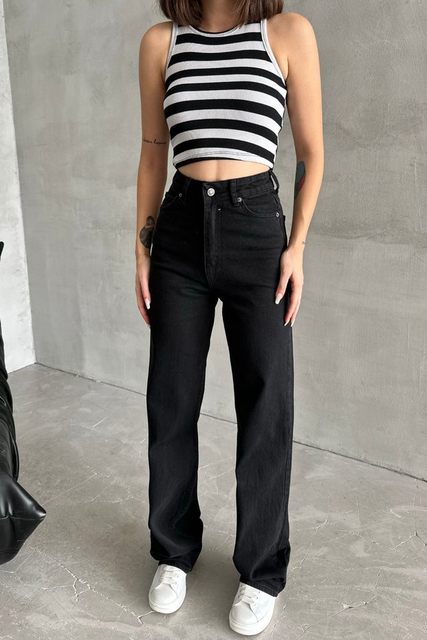Women's High Waist Loose Palazzo Black Denim Trousers